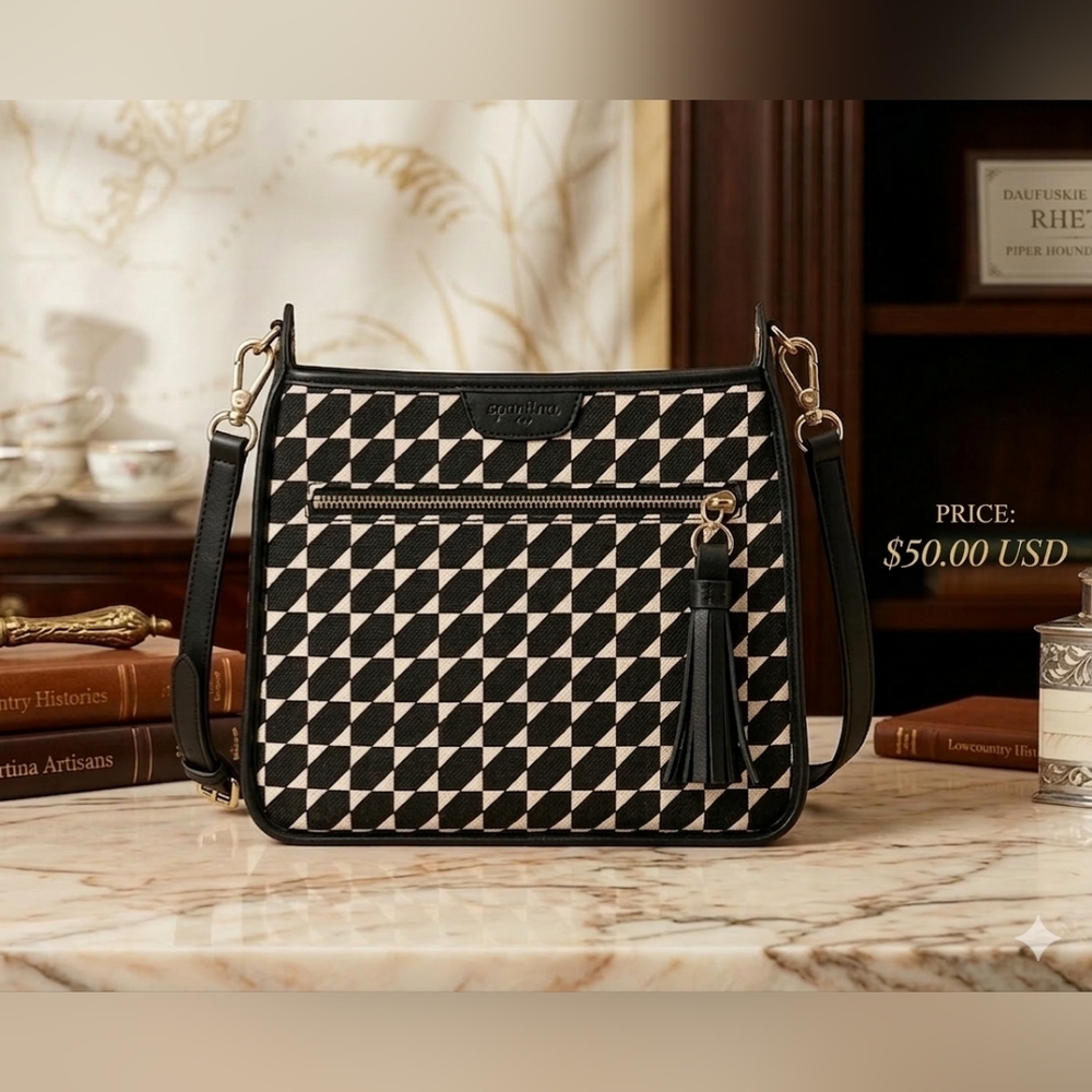 Spartina 449 Black and Cream Geometric Crossbody with Tassel Accent